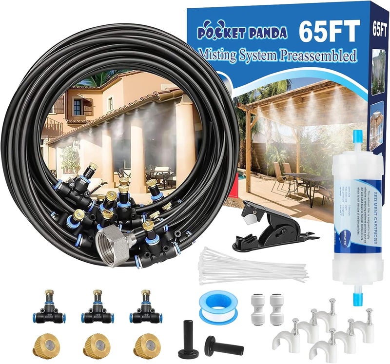 POCKET PANDA Pre-Assembled Misters for Outside Patio,Outdoor Misting Cooling System w Filter,65FT|20M. Backyard Mist Kit for Garden,Greenhouse,Deck,Umbrella,Canopy,Pool,Porch,Trampoline,BBQ Party - Image 1
